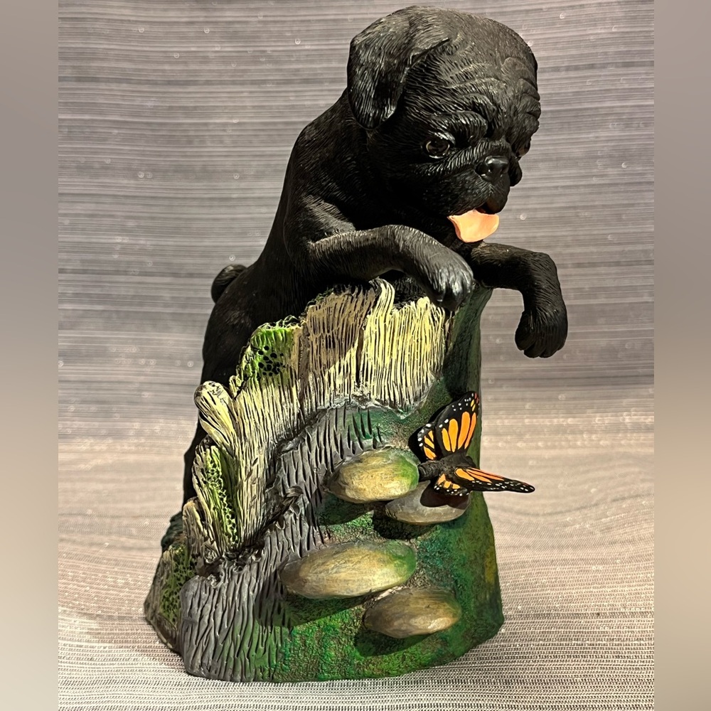 Black Pug Figurine Sculpture with Monarch Butterfly Hand Crafted